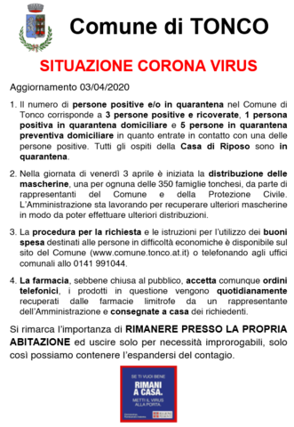 TONCO: Situazione corona virus 03/04/2020