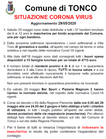 TONCO: Situazione corona virus 29/05/2020 