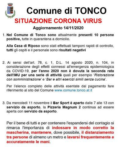TONCO: Situazione corona virus 14/11/2020