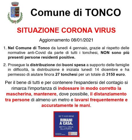 TONCO: Situazione corona virus 08/01/2021